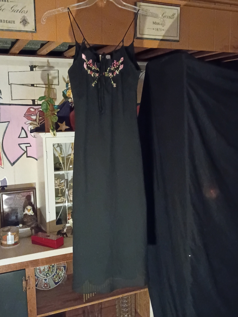 Black Spaghetti-Strap Slip Dress with Pink Floral Embroidery